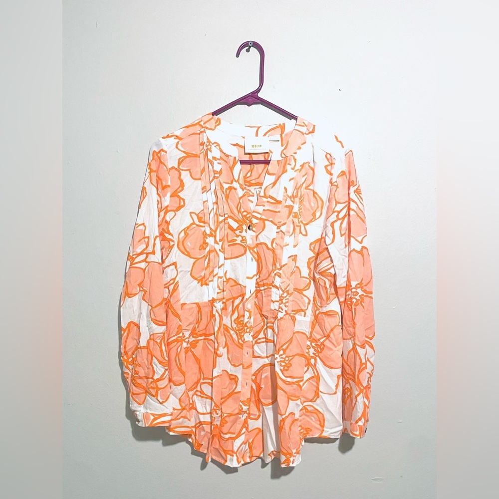 Anthropologie Maeve Orange and White Pleated Top EUC